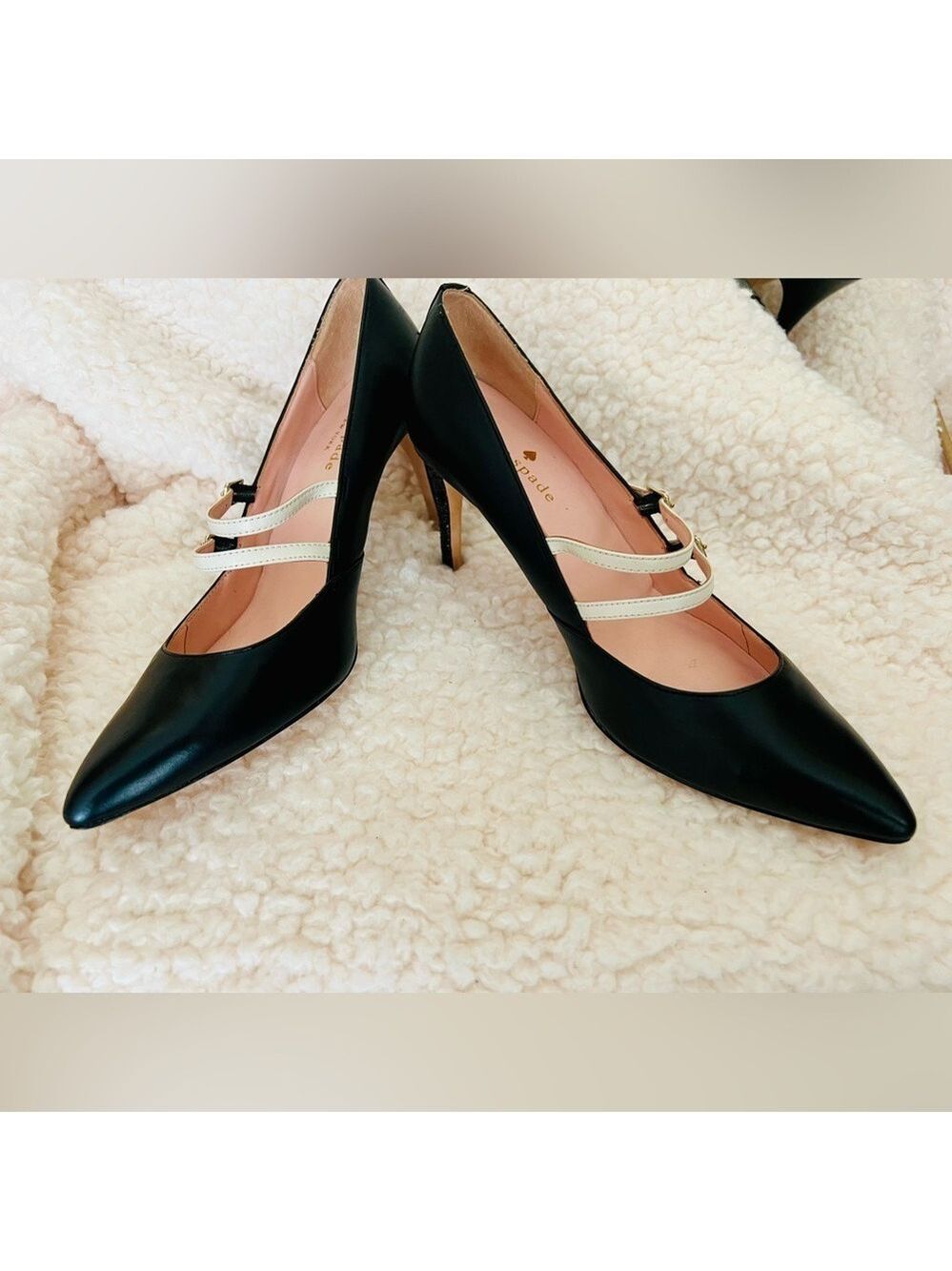 🎉HP🥳 Kate Spade Elpetha Heels in Black w/ Black Sparkle Heel & Cream Dbl Strap - Picture 9 of 16